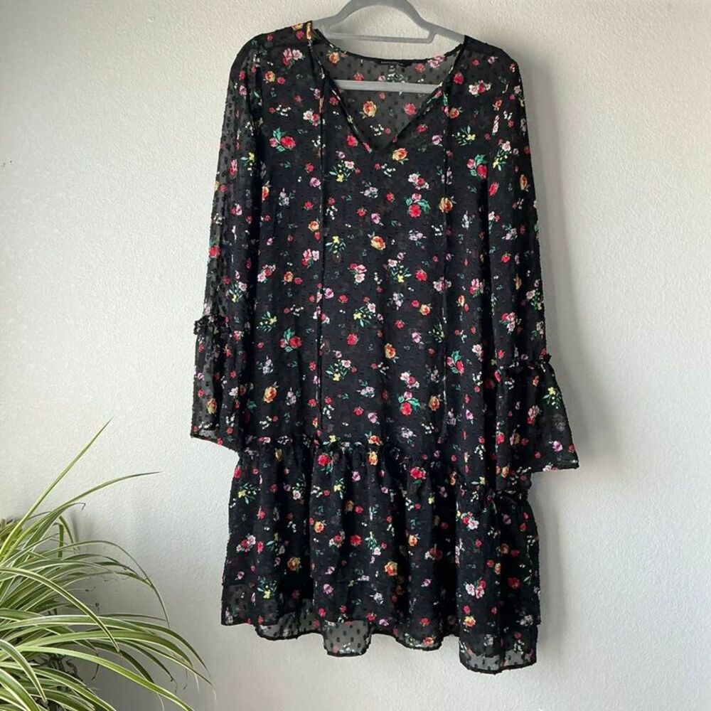Banana Republic Black Floral Swiss Dot Tiered Dress - M
